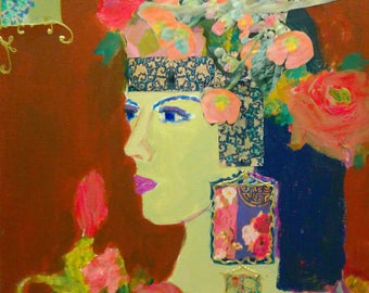 Flowers in her hair painting, chinoiserie, lady art, painting of woman, roses painting, roses art, feminine art,  pink, aqua, bohemian