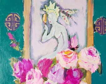 Faerie on wall with roses, woman painting, whimsical art, fantasy art, original painting, eclectic art