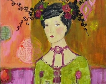 Flowers in her hair art, lady art, painting of woman, roses painting, roses art, feminine art, pink, chinoiserie, bohemian