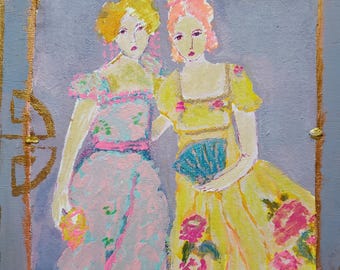 SOLD, Lavender, vintage ladies painting, portrait, Vase of roses, rose painting, vintage style art