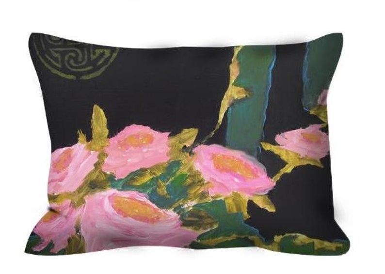 Decorative Throw Pillow Black With Pink Roses Chinoiserie Etsy
