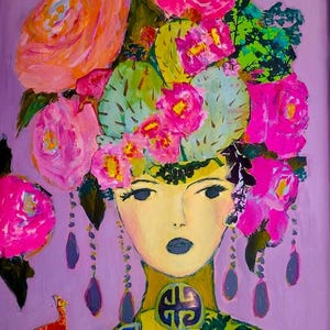 May include: An acrylic painting of a woman with a floral headdress. The headdress features pink, orange, and green flowers. The woman has dark blue lipstick and a yellow and green patterned collar. A red bird stands to the left.