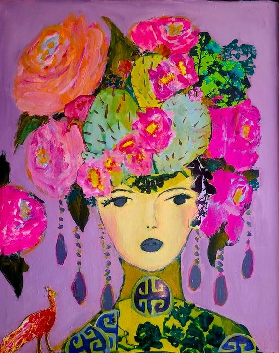 Floral Crown Goddess Painting – Mystical Feminine Portrait – Colorful Symbolic Wall Art