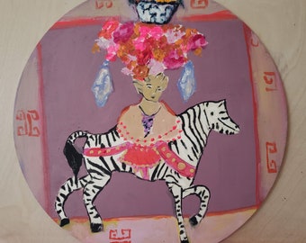 Lady on Zebra, portrait of woman, whimsical painting, original art, zebra art