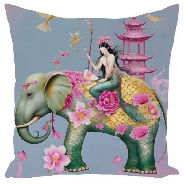 Elephant art, elephant pillow, chinoiserie pillow, Goddess Pillow ~ Goddess Art ~Bohemian Gypsy Decor ~ Bohemian Pillow ~ Vintage Lady Art ~