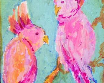 Pink Birds, chinoiserie,  feminine art,  pink, aqua, bohemian art, Australia