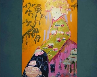 Lady in Kimono painting, chinoiserie, lady art, painting of woman, roses painting, roses art, feminine art,  pink, aqua, bohemian