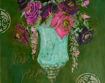 Green with roses, , lady art, roses art, feminine art,  pink,  aqua, bohemian