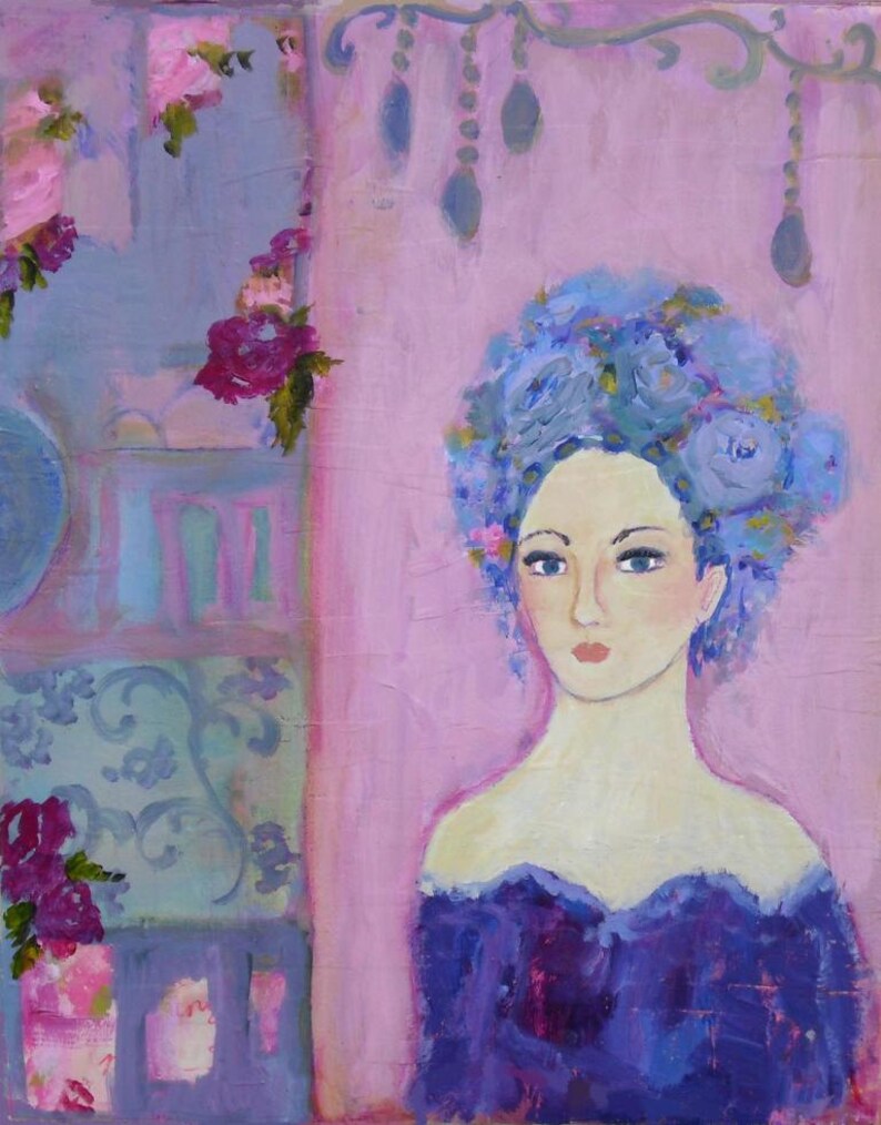 Flowers in her hair painting, headdress, lady art, painting of woman, roses painting, roses art, feminine art, pink, purple, aqua, bohemian image 1