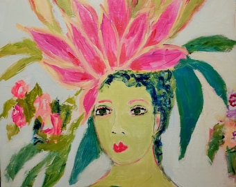 Tropical painting, floral art, woman painting, portrait, boho art