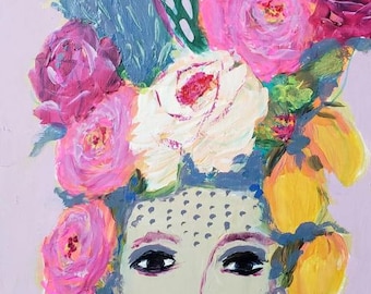 Lana with roses, woman painting, whimsical art, fantasy art, original painting, eclectic art