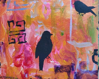 Abstract birds, black birds painting, original painting, whimsical art