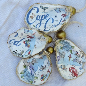 Cape Cod Oyster shell ornaments and bottle stoppers. Coastal home decor