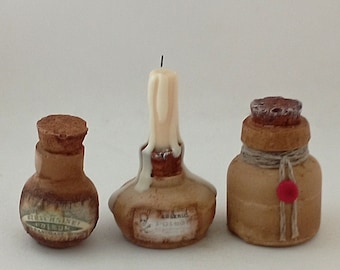 1:12 th scale set of 3 apothecary potion jars with candle.