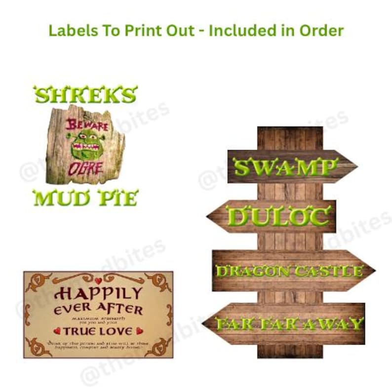 May include: Labels to print out featuring Shrek-themed designs. Includes a wooden sign with directional arrows pointing to Swamp, Duloc, Dragon Castle, and Far Far Away. Also includes a sign that says "Happily Ever After".