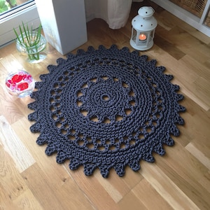 Round graphite crochet rug Black Star polyester bath mat Knitted bath mat Doily rug Mandala bohemian rug Boho bedroom mat Black rug bathroom image 2