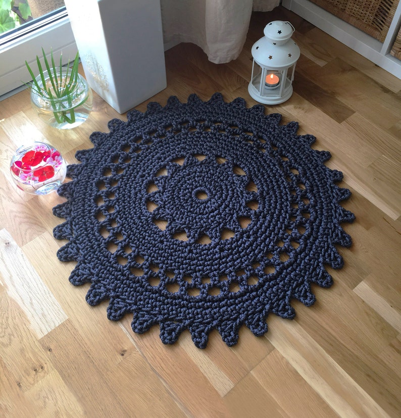 Round graphite crochet rug Black Star polyester bath mat Knitted bath mat Doily rug Mandala bohemian rug Boho bedroom mat Black rug bathroom image 2