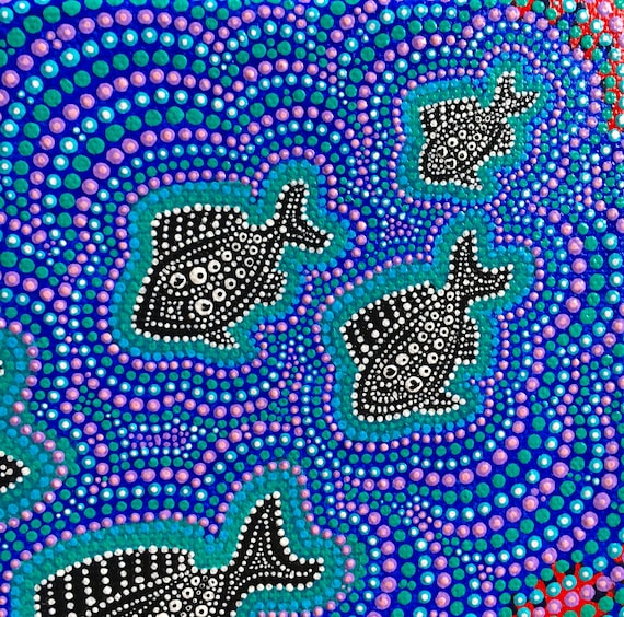 Dot Painting on Canvas Black Fish Art Aboriginal Art Style Hand