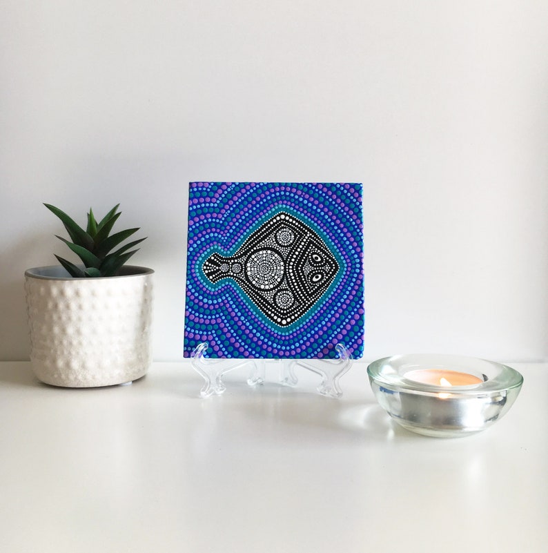 Dot painting on canvas Mini canvas magnet Black flat fish Aboriginal art style Modern dot art Meditation dot art Dotted mandala on animal image 3