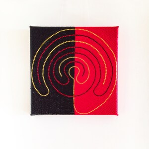 Peinture à pois sur toile Mandala doré et rouge sur toile Art de style aborigène Art moderne à pois Toile de 6 х 6 po. peinte à la main Art à pois pour méditation