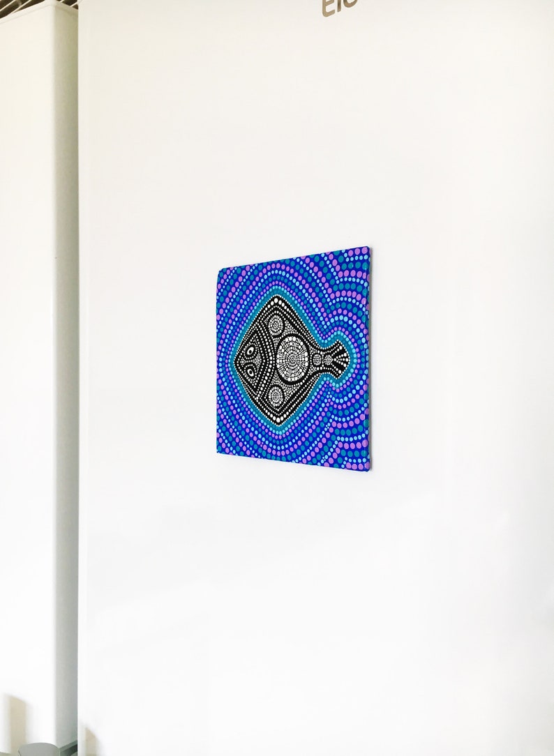 Dot painting on canvas Mini canvas magnet Black flat fish Aboriginal art style Modern dot art Meditation dot art Dotted mandala on animal image 4