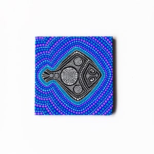 Dot painting on canvas Mini canvas magnet Black flat fish Aboriginal art style Modern dot art Meditation dot art Dotted mandala on animal image 1