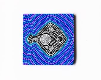 Dot painting on canvas Mini canvas magnet Black flat fish Aboriginal art style Modern dot art Meditation dot art Dotted mandala on animal