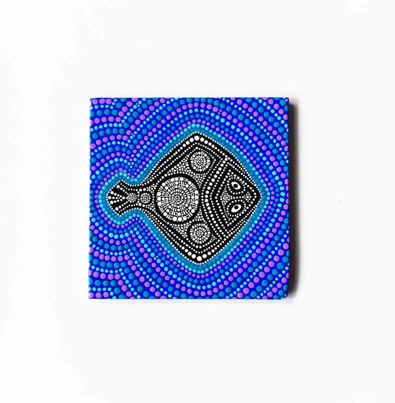 Dot painting on canvas Mini canvas magnet Black flat fish Aboriginal art style Modern dot art Meditation dot art Dotted mandala on animal image 1