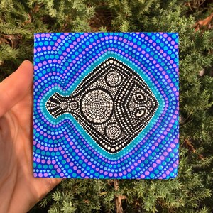 Dot painting on canvas Mini canvas magnet Black flat fish Aboriginal art style Modern dot art Meditation dot art Dotted mandala on animal image 2