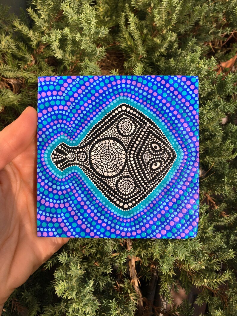 Dot painting on canvas Mini canvas magnet Black flat fish Aboriginal art style Modern dot art Meditation dot art Dotted mandala on animal image 2