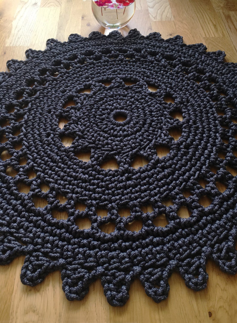 Round graphite crochet rug Black Star polyester bath mat Knitted bath mat Doily rug Mandala bohemian rug Boho bedroom mat Black rug bathroom image 6