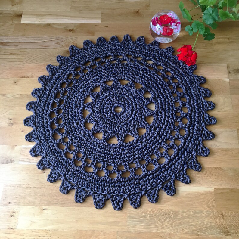 Round graphite crochet rug Black Star polyester bath mat Knitted bath mat Doily rug Mandala bohemian rug Boho bedroom mat Black rug bathroom image 10