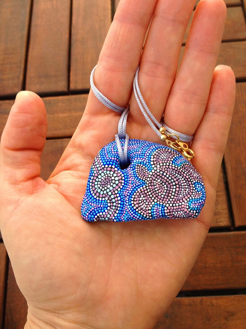 Sea Turtle Dot painted hag stone Dot painted rock Beach stone. Hand painted holey stone Dot painted blue pink pendant