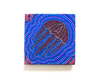 Dot painting on canvas Mini canvas magnet Jelly fish Aboriginal art style painting Modern dot art Meditation dot art Animal dot painting