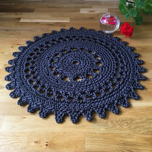 Round graphite crochet rug Black Star polyester bath mat Knitted bath mat Doily rug Mandala bohemian rug Boho bedroom mat Black rug bathroom image 3