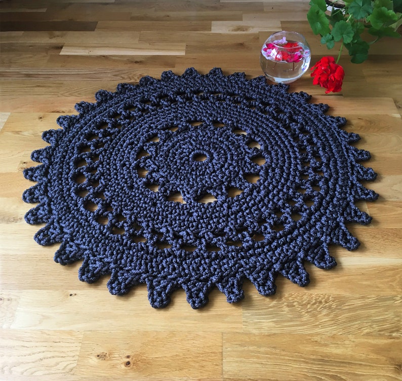 Round graphite crochet rug Black Star polyester bath mat Knitted bath mat Doily rug Mandala bohemian rug Boho bedroom mat Black rug bathroom image 3