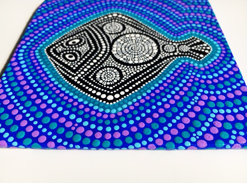 Dot painting on canvas Mini canvas magnet Black flat fish Aboriginal art style Modern dot art Meditation dot art Dotted mandala on animal image 7