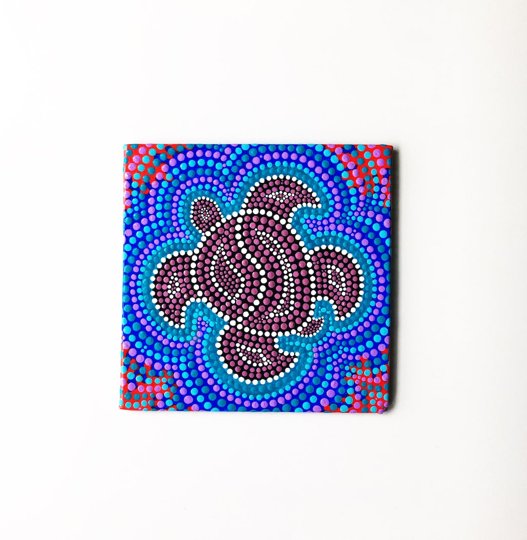 Mini Canvas Dot Painting on Canvas Blue Sea Turtle Art