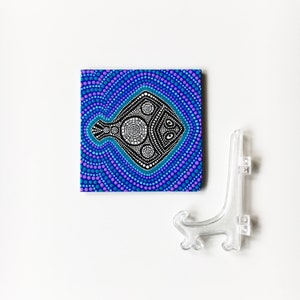 Dot painting on canvas Mini canvas magnet Black flat fish Aboriginal art style Modern dot art Meditation dot art Dotted mandala on animal image 10
