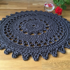 Round graphite crochet rug Black Star polyester bath mat Knitted bath mat Doily rug Mandala bohemian rug Boho bedroom mat Black rug bathroom image 9