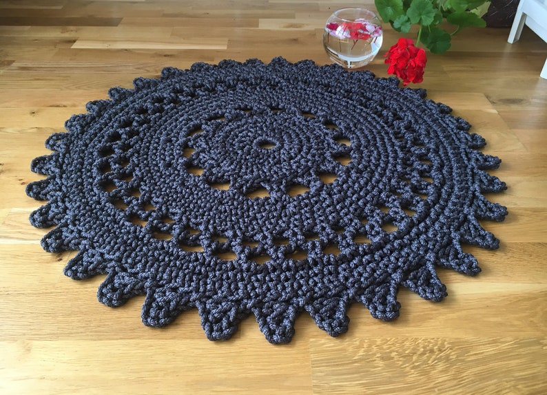 Round graphite crochet rug Black Star polyester bath mat Knitted bath mat Doily rug Mandala bohemian rug Boho bedroom mat Black rug bathroom image 9