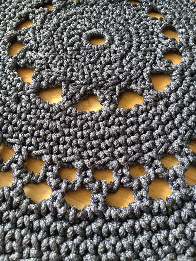 Round graphite crochet rug Black Star polyester bath mat Knitted bath mat Doily rug Mandala bohemian rug Boho bedroom mat Black rug bathroom image 8