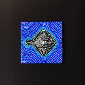 Dot painting on canvas Mini canvas magnet Black flat fish Aboriginal art style Modern dot art Meditation dot art Dotted mandala on animal image 9