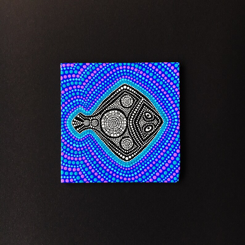 Dot painting on canvas Mini canvas magnet Black flat fish Aboriginal art style Modern dot art Meditation dot art Dotted mandala on animal image 9