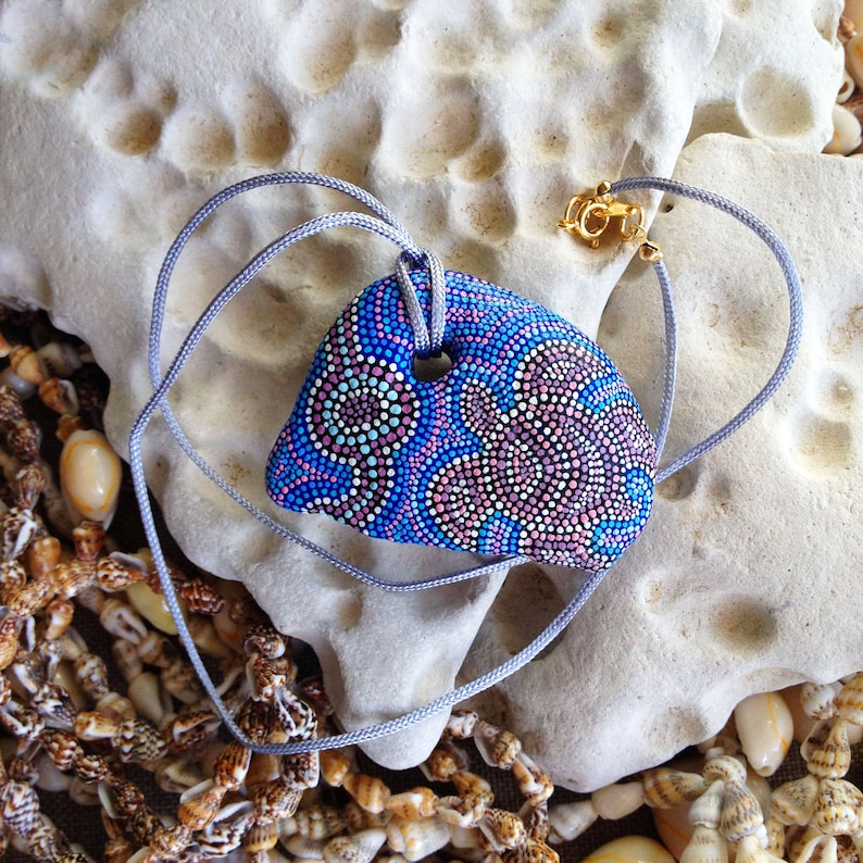 Sea Turtle Dot painted hag stone Dot painted rock Beach stone. Hand painted holey stone Dot painted blue pink pendant