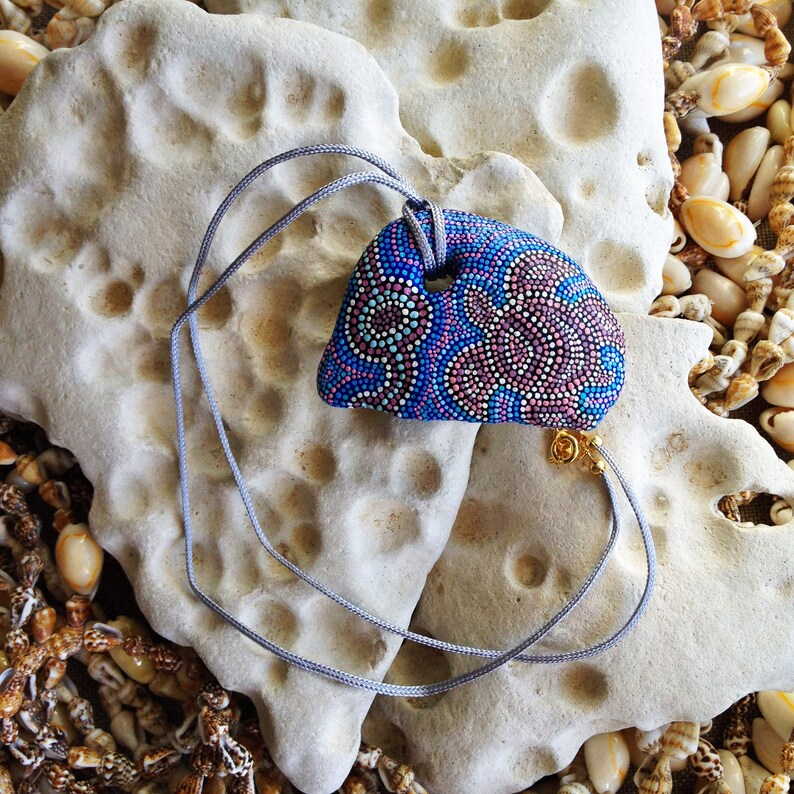 Sea Turtle Dot painted hag stone Dot painted rock Beach stone. Hand painted holey stone Dot painted blue pink pendant