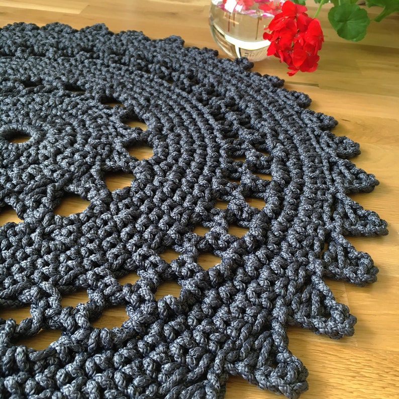 Round graphite crochet rug Black Star polyester bath mat Knitted bath mat Doily rug Mandala bohemian rug Boho bedroom mat Black rug bathroom image 7