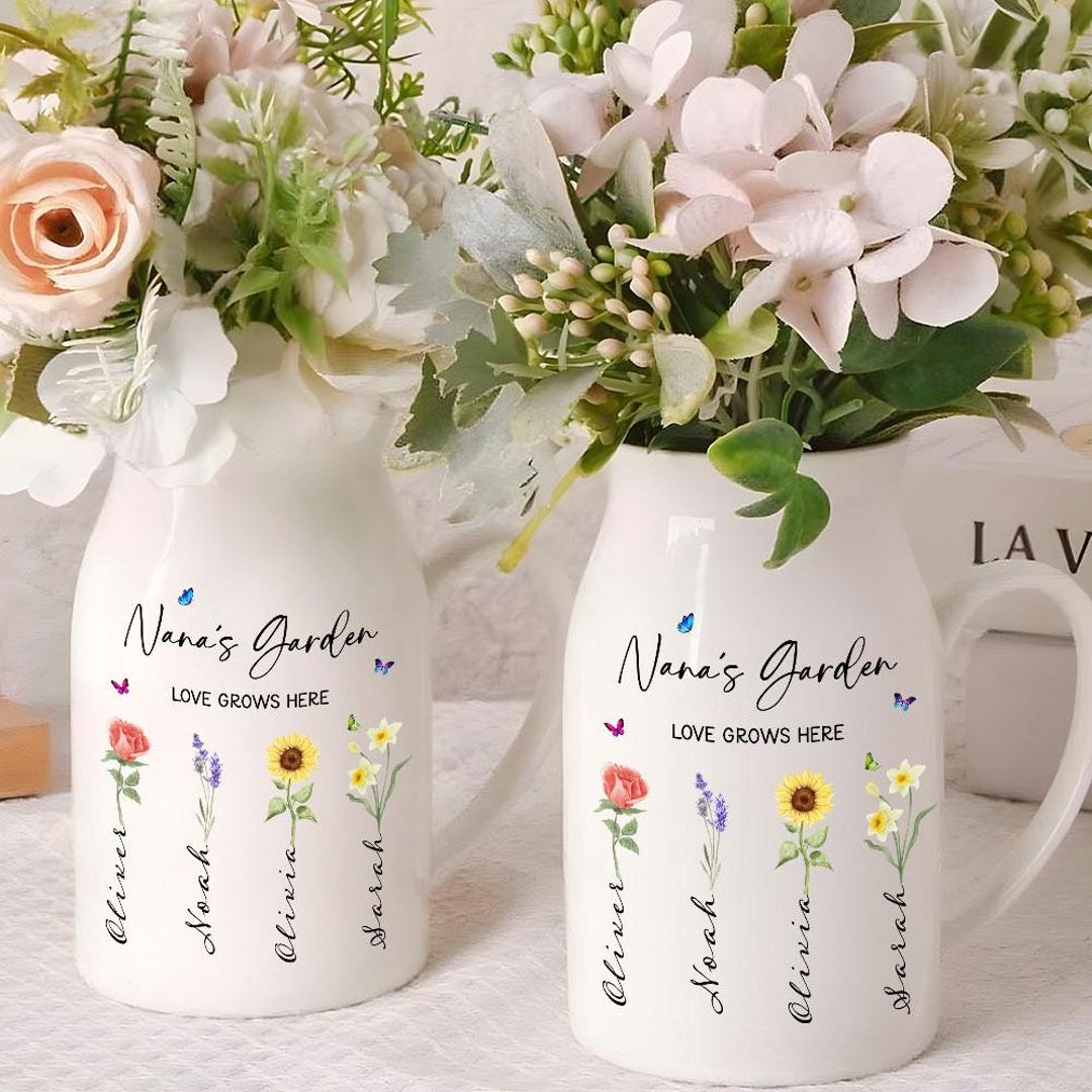 Custom Grandma Flower Vase, Birth Flower Garden Vase With Family