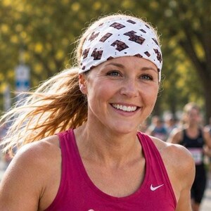 Puede incluir: Una cinta deportiva blanca con un patrón repetitivo de pequeños gráficos de barras de chocolate marrones. La cinta se lleva sobre la frente, contrastando con la camiseta deportiva sin mangas de color rosa brillante.