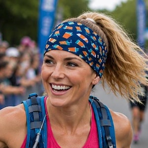 May include: A dark blue headband featuring a repeating pattern of orange juice boxes with white straws. The fabric accessory is worn around the forehead, contrasting with the bright pink shirt and blue athletic backpack straps visible underneath.